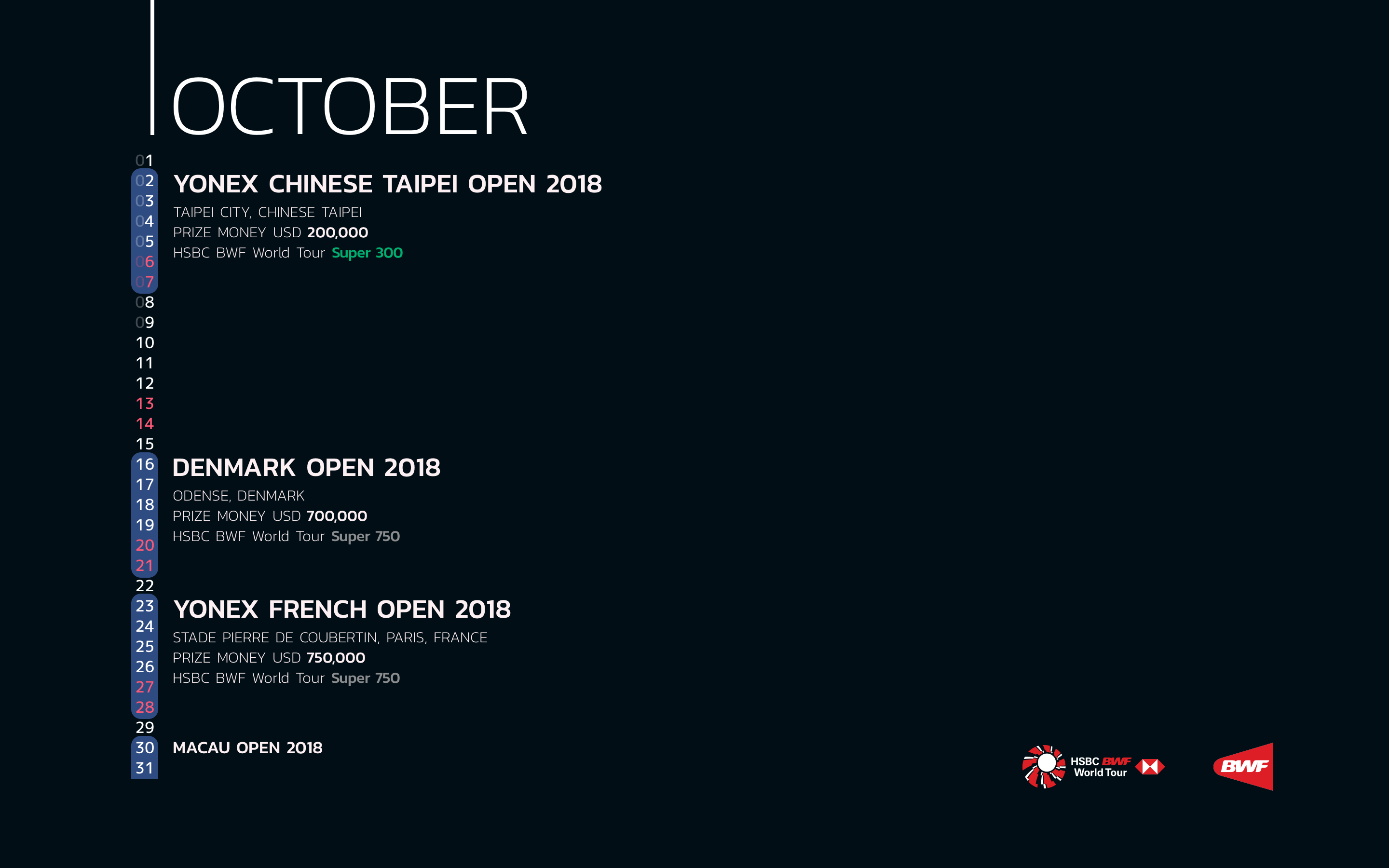 BWF Tournaments Calendar 2018 10 October
