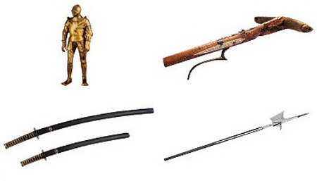 博物馆中的冷兵器。上排为盔甲、旧式十字弓，下排为武士刀、长柄戟。