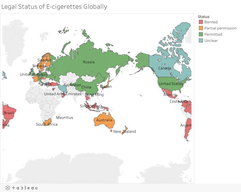 电子烟在世界合法性地图