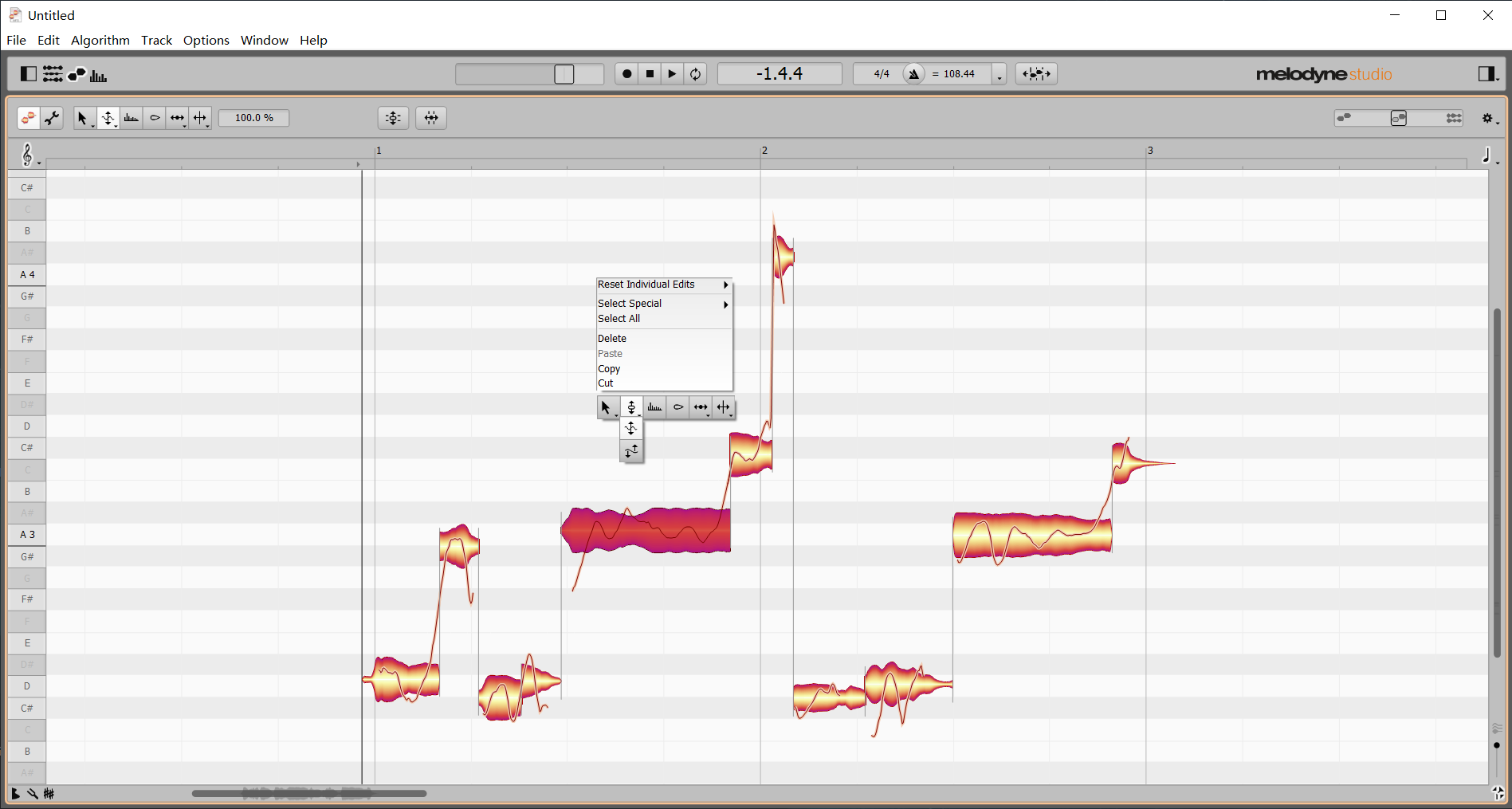 `Melodyne`的Pitch工具仅支持对音符原有颤音曲线的幅度进行调整
