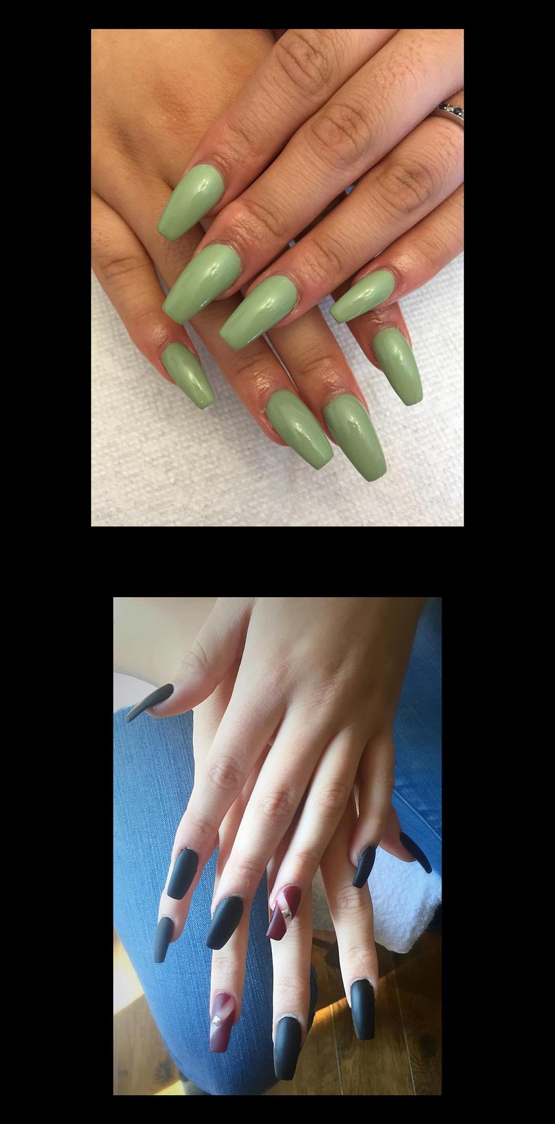 pink nails, v nails, shellac nails, luxe nails, shellac nail polish Gel Green Coffin Nails Black Wide Coffin Nails W/ Burgundy Accent Nails 