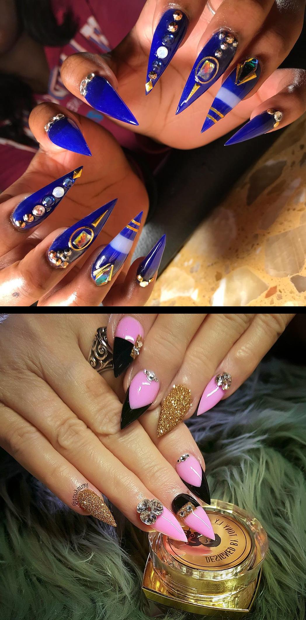 manicure,jc nails,New Jewelry gel Real gold   Royal blues , bluenails , nails , explore , explorepage , stilettonails , longnails , nailsofinstagram , nailsonfleek , nailsoftheday 