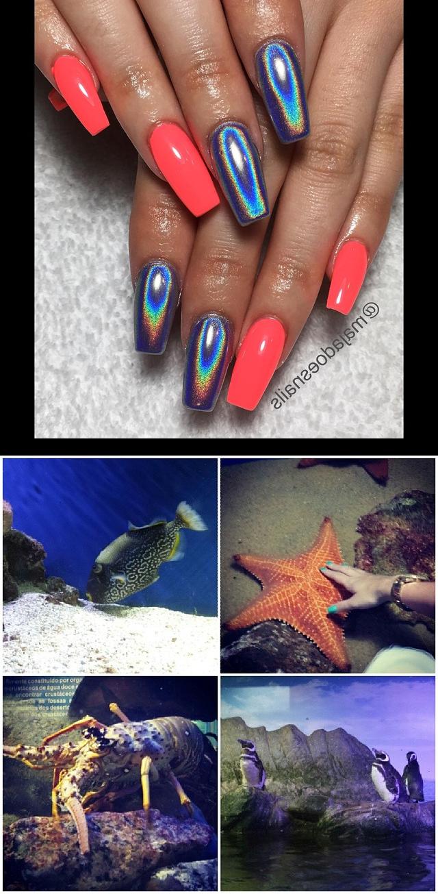 city nails,majestic nails,*---* , aquario , peixes , ubatuba , lindo , natureza , mar , beach , estrela , estreladomar , lagosta , pinguins , pinguim , instalike , feliz , monday , segunda , monday  Salmon and Holographic Nails. . . , acrylicnails , holographicnails , pinknails , orangenails , purplenails , rainbownails , unicornnails , summernails , coffinnails , cutenails  