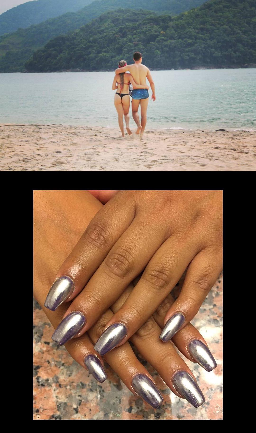 fingernails,short square nails,O sol, o azul do cque toca o verde desse mar  Eu e vocdeixando as ondas nos levar  Dia perfeito pra gente se amar   Deitados na areia  Contemplando a marcheia  E no horizonte  Sonhos ntem fim  Deus fez a noite, fez o dia,  Deu pra letra a melodia  Ainda fez vocpra mim , PerfeitaSintonia  Purple Chrome Coffin Nails  