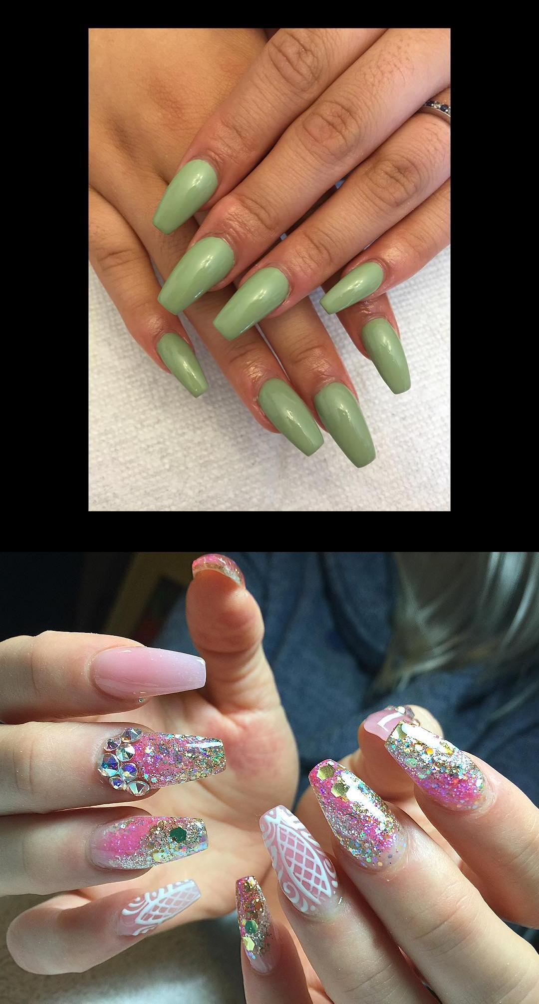 gel nails at home,diamond nails,Gel Green Coffin Nails  pixeefox , kreationsbykiki , ncnails , notpolish 