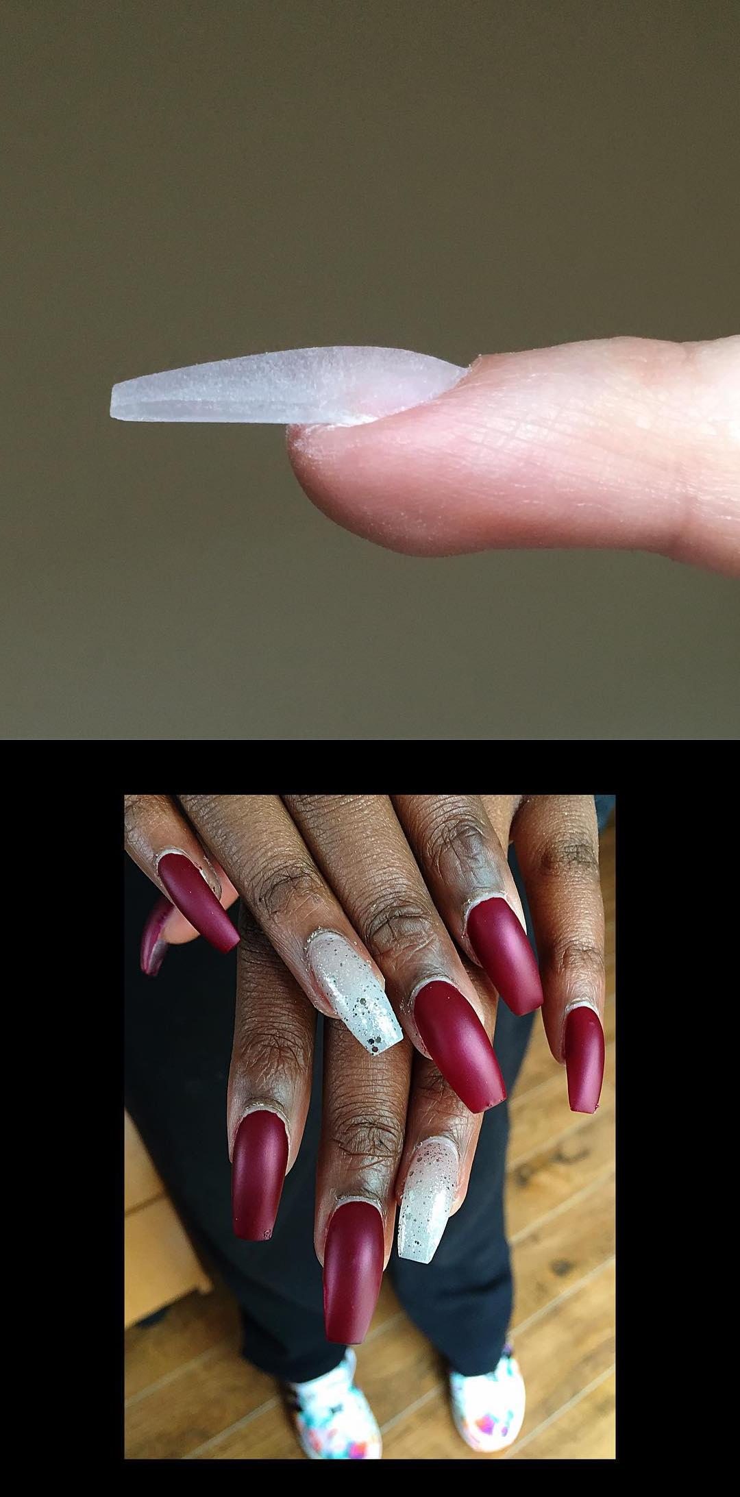 cute nails,lavish nails,Very Proud of this Shape if you want your nail shape like this! , sculptednails , forms , acrylicnails , coffinnails , clearnails  Matte Burgundy Coffin Nails w a Silver Glitter Accent . . , simplenails , acrylicnails , coffinnails , rednails , mattenails  