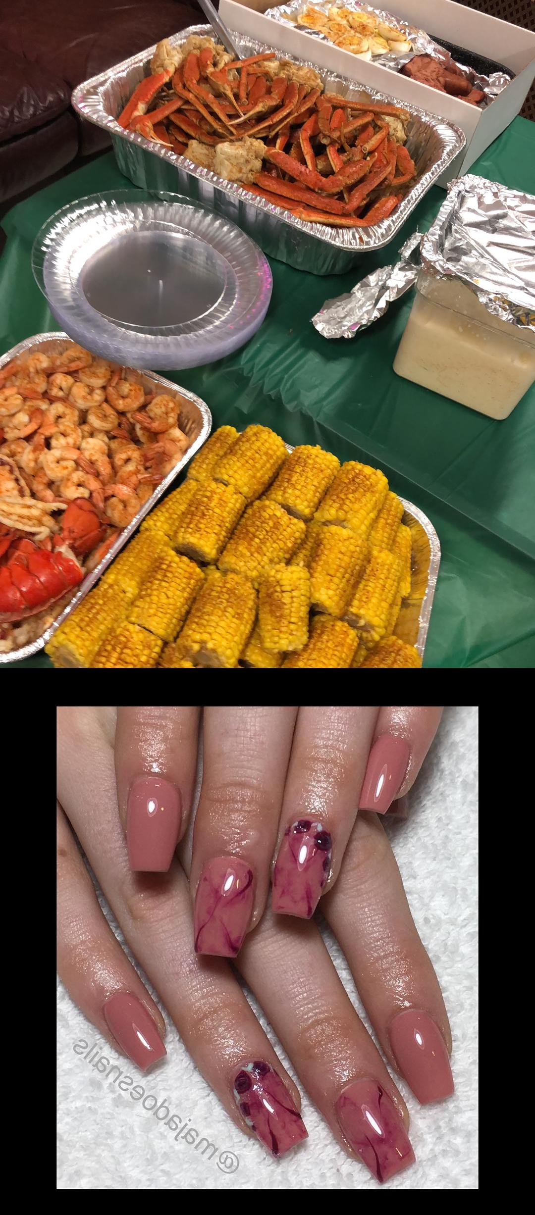 yellow coffin nails,pink nail polish,Thank you so much to dirtysouthseafood  for catering my boot camp on day one everyone loved it! Soft Red and Marble Coffin Nails with Red Roses  