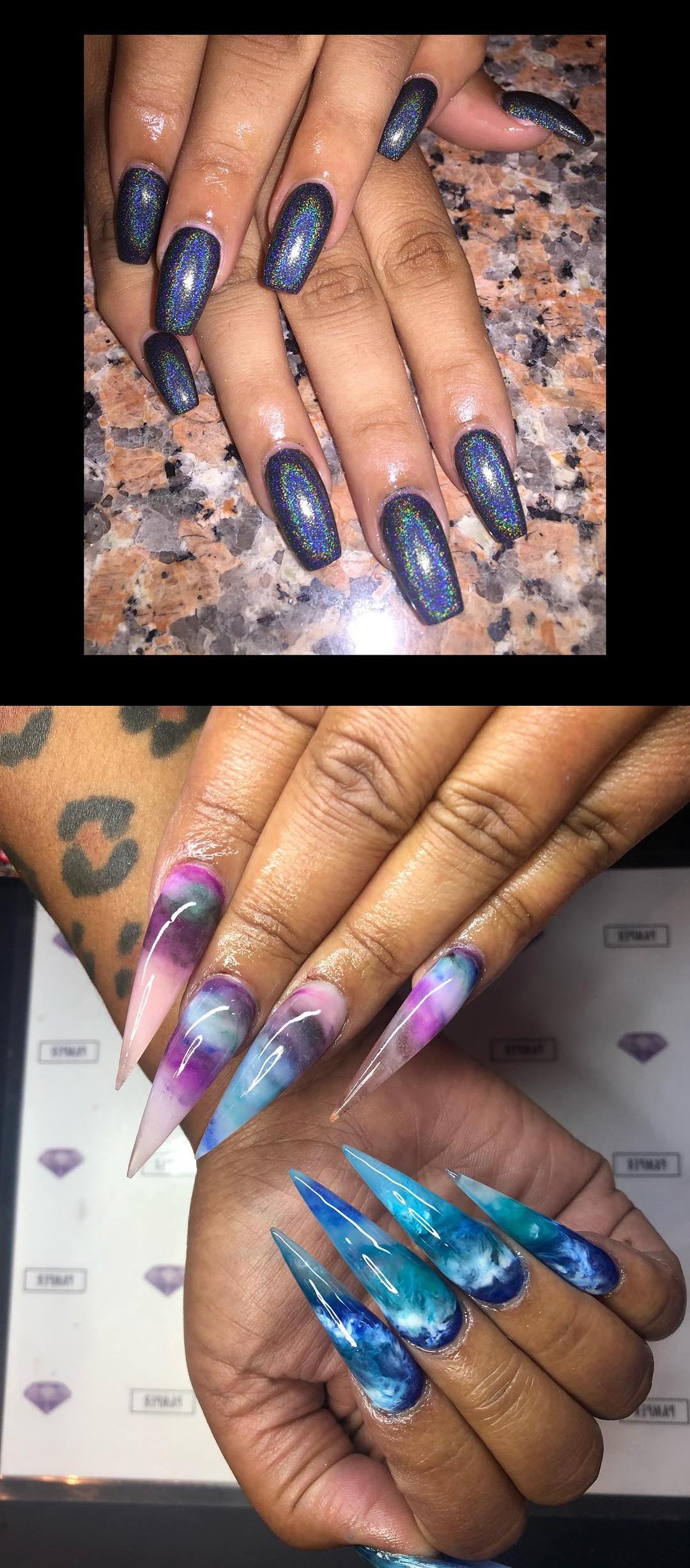 orchid nails,acrylic powder,Holographic Black Coffin nails (the