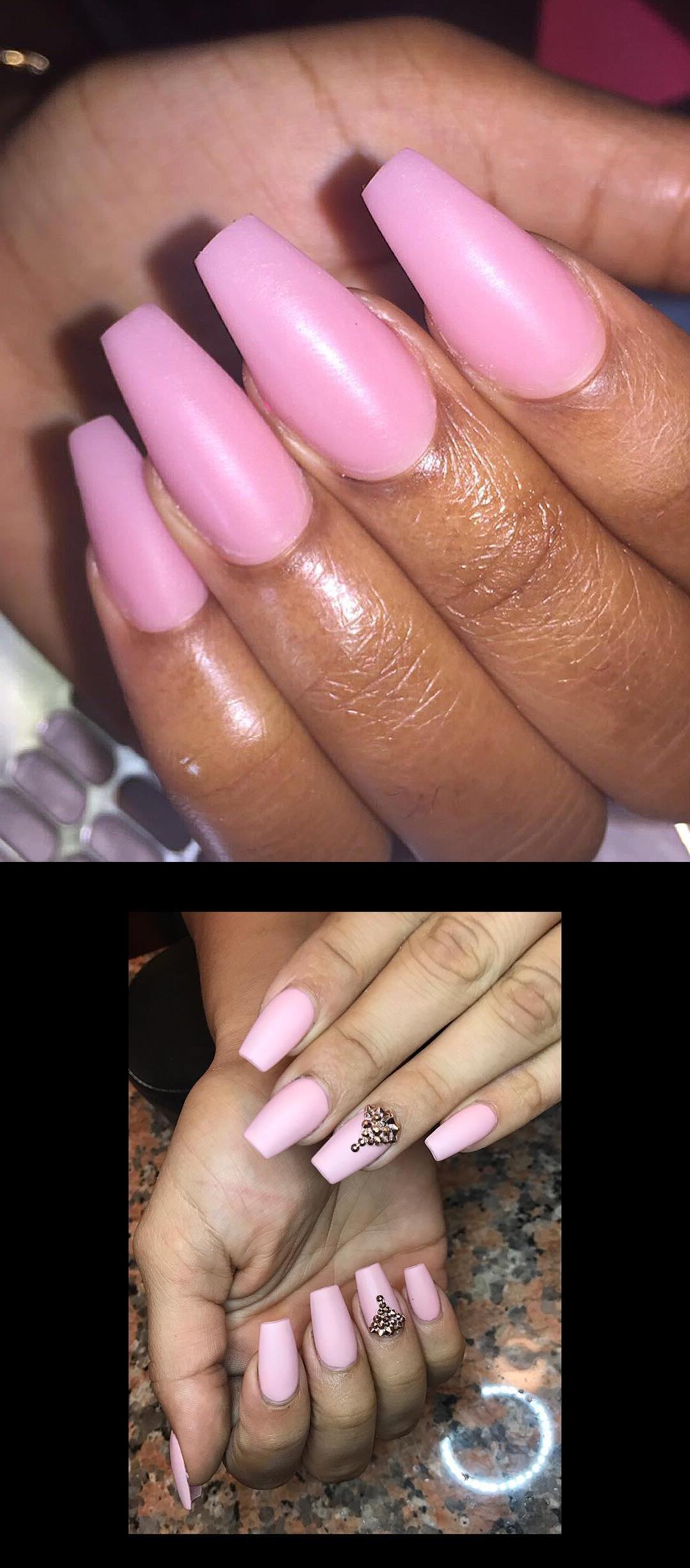 jc nails,posh nails,Foundation , kreationsbykiki , ncnails Pink is so popular right now Matte Pink Coffin Nails with Rose Gold Rhinestones  