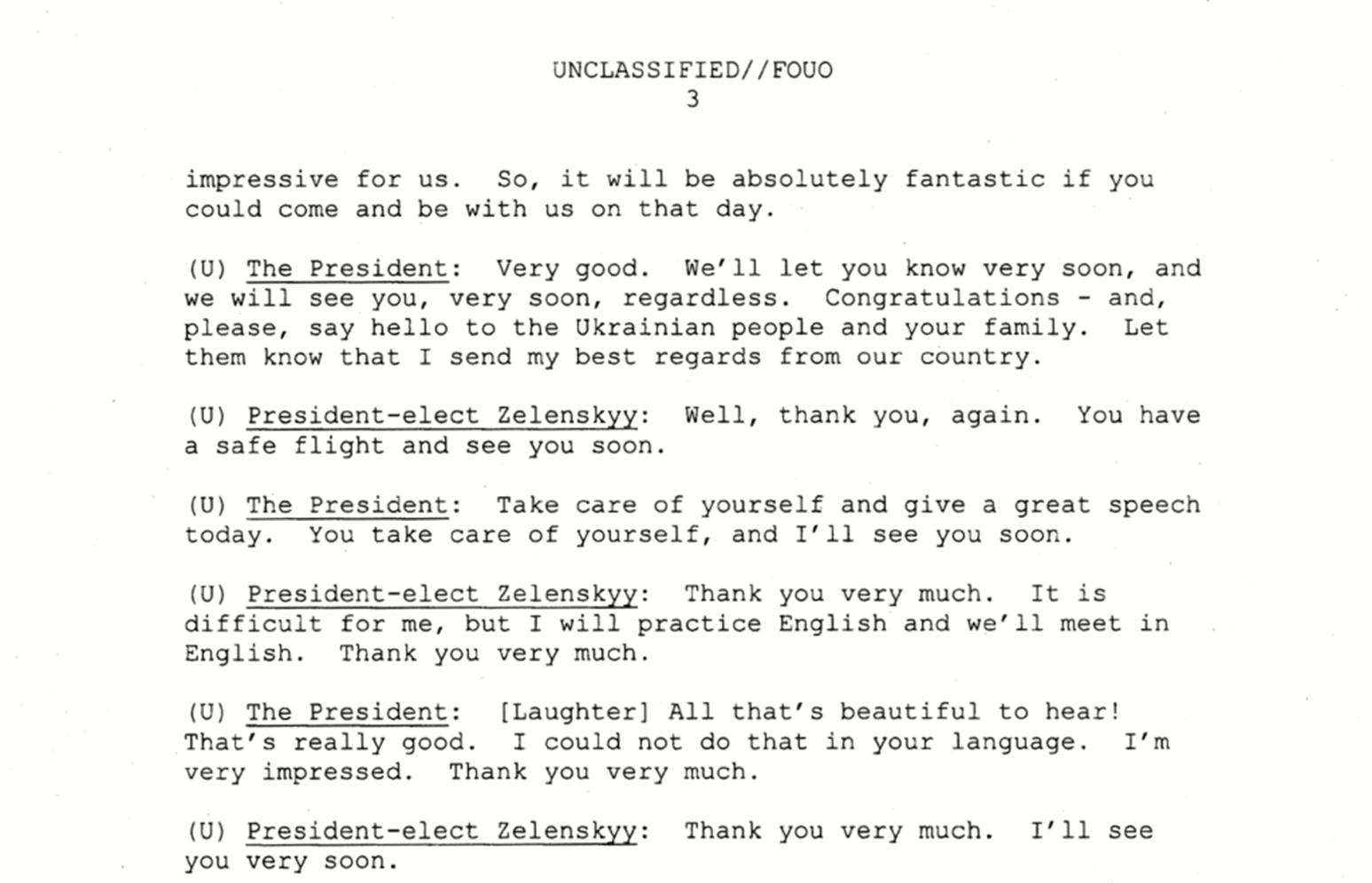 特朗普发布与乌克兰总统首次通话记录