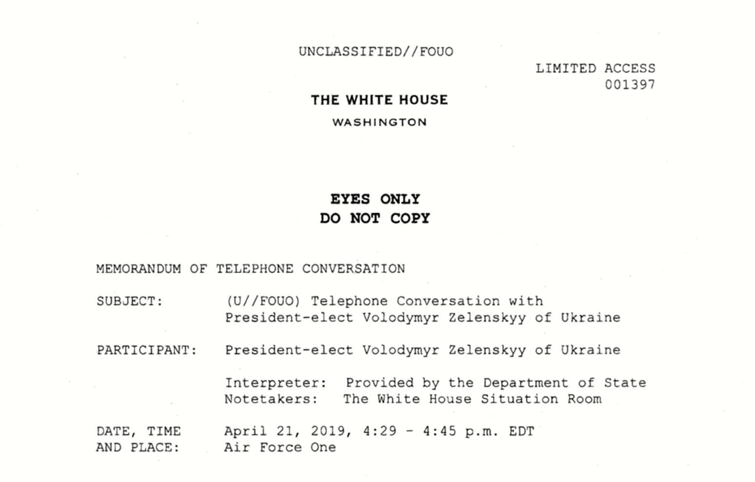 特朗普发布与乌克兰总统首次通话记录