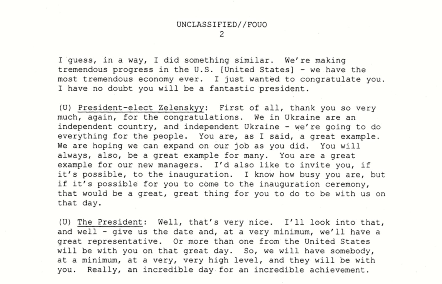 特朗普发布与乌克兰总统首次通话记录