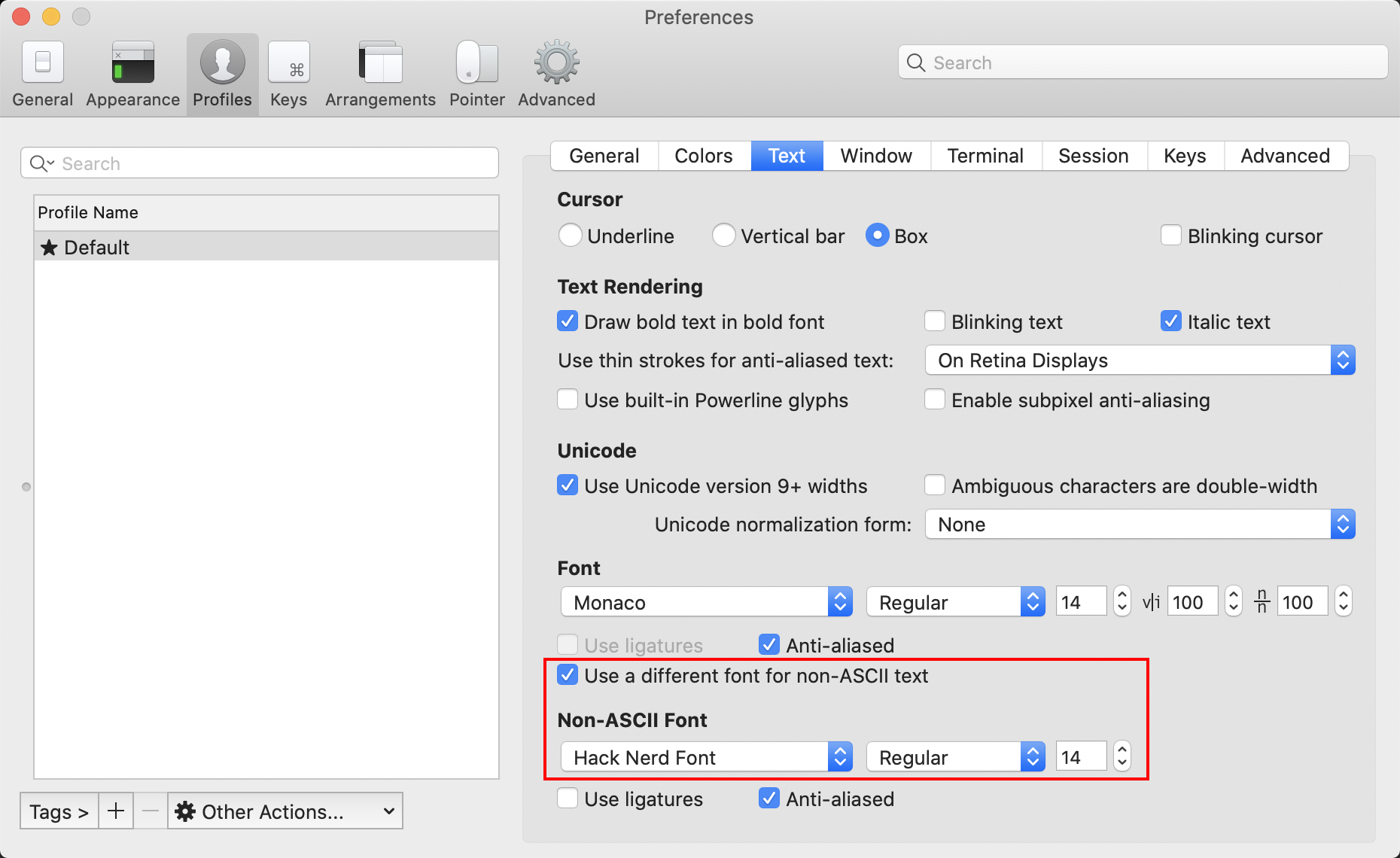 配置iTerm2针对非ASCII码字符的字体