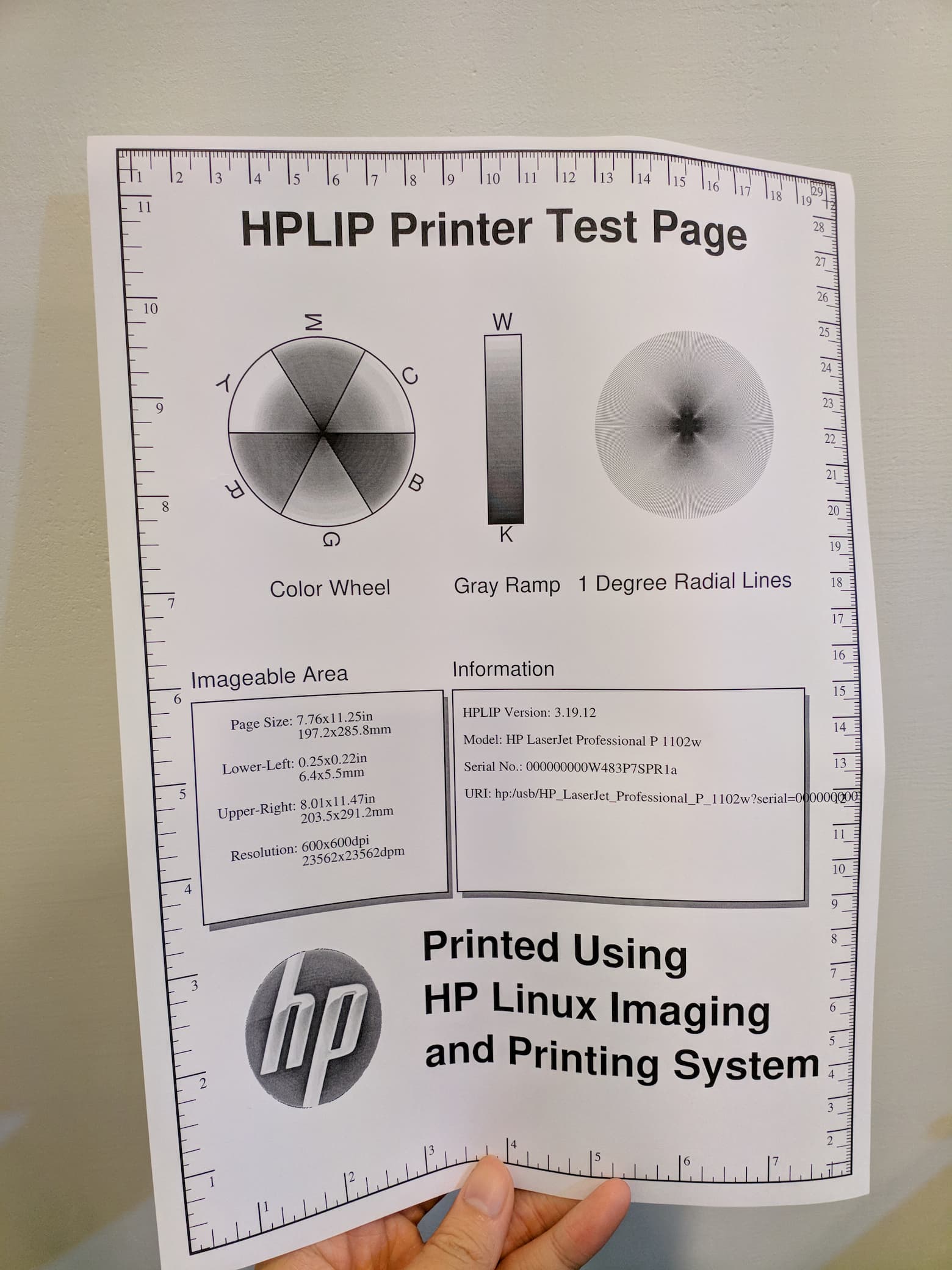 HP 印表機設定程式印出的測試頁面