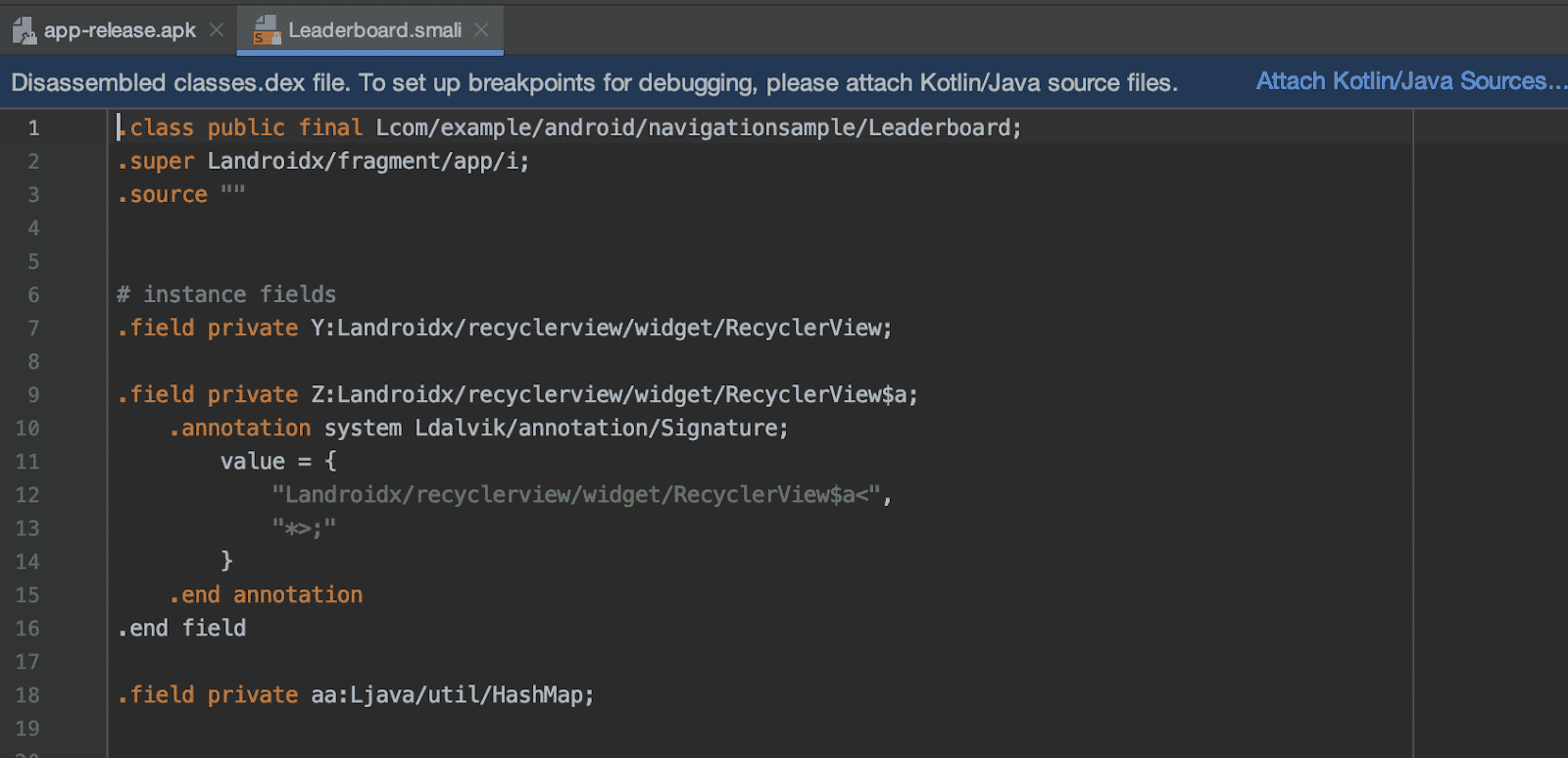 将 Kotlin/Java 源代码附加到导入的 APKs