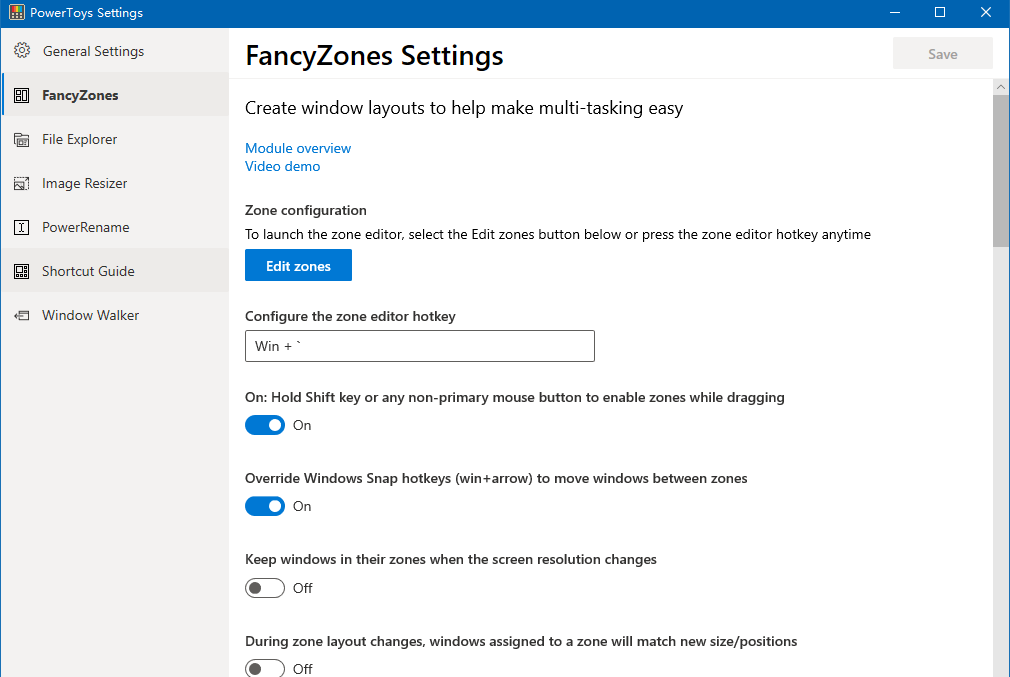 FancyZones设置页面