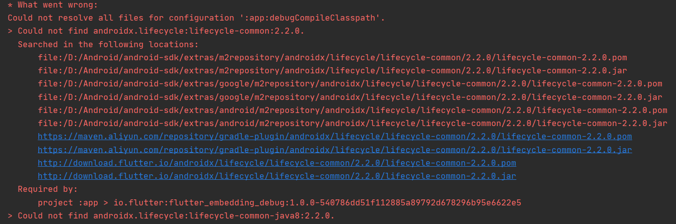 Could not find androidx.lifecycle:lifecycle-common:2.2.0，lifecycle-common-java8:2.2.0，lifecycle-runtime:2.2.0，androidx.fragment:fragment:1.1.0.，androidx.annotation:annotation:1.1.0.