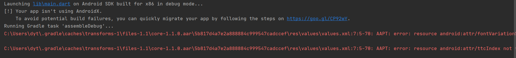 .gradleachesransforms-1iles-1.1ore-1.1.0.aarb817d4a7e2a888884c999547cadccefesaluesalues.xml:7:5-70: AAPT: error: resource android:attr/fontVariationSettings not found.AAPT: error: resource android:attr/ttcIndex not found