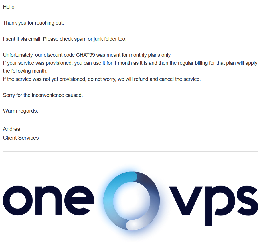 OneVPS回复说：已开通但没有被取消的按这样处理