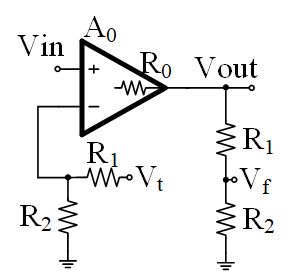 使用此方法開環後的開環增益和開環輸出阻抗為: \[a_{open}={v_{out}