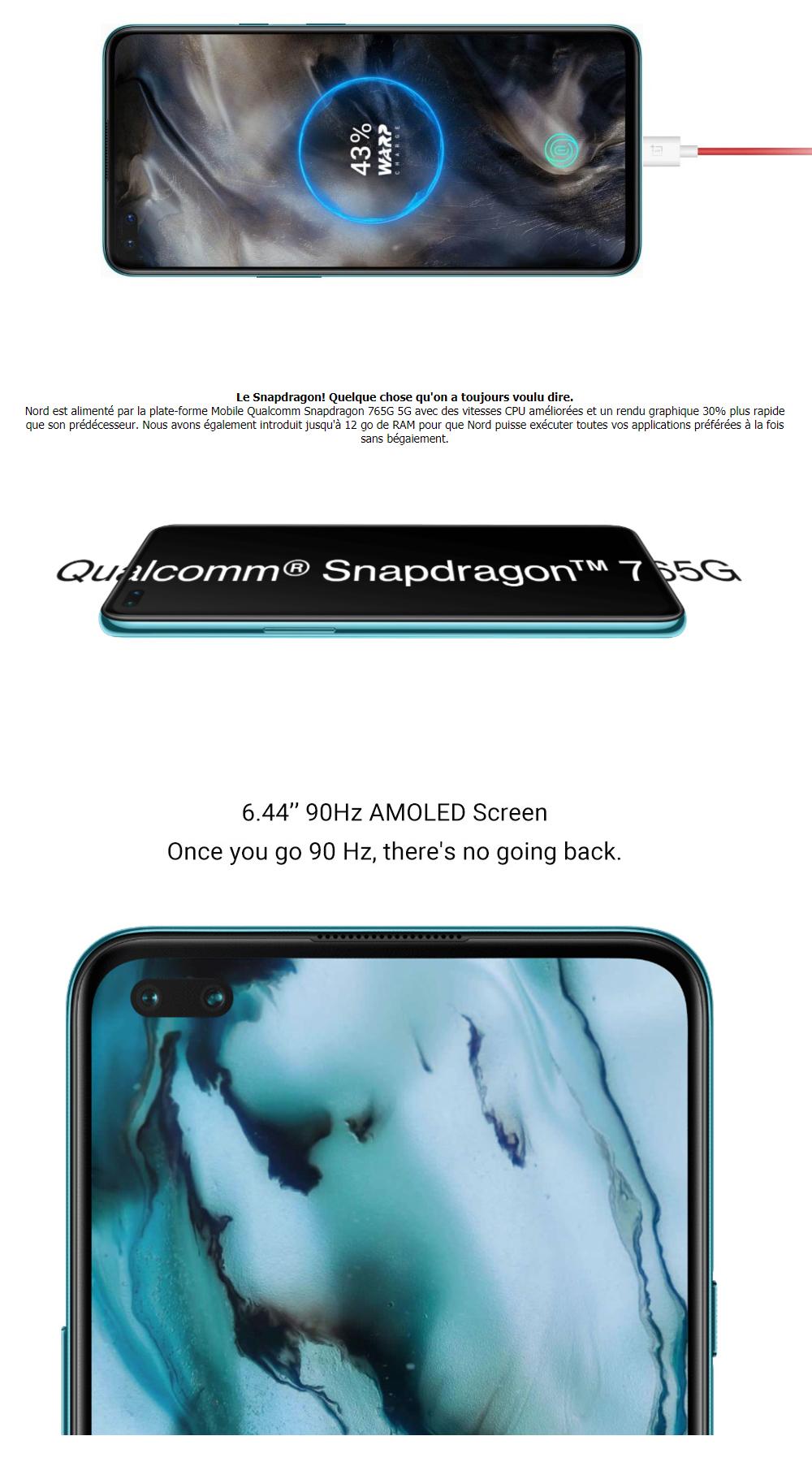OnePlus Nord 5G Smartphone 12Go 256Go Dual Sim Gray Onyx Batterie 4115 mAh Android 10.0 6.44 Pouces 48MP + 8MP + 5MP + 2MP Quad Caméra Version globale EU