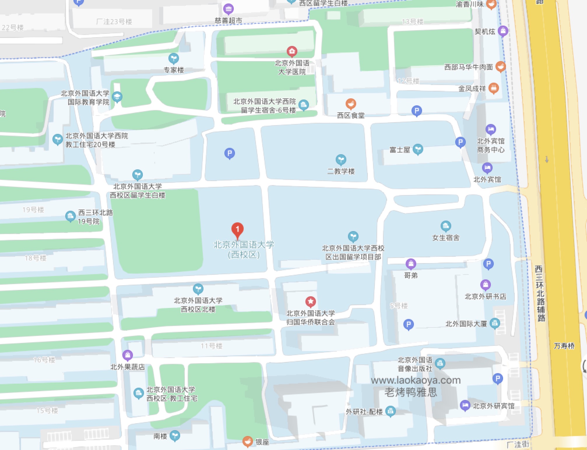 北京外国语大学UKVI考点北外西院的方位图