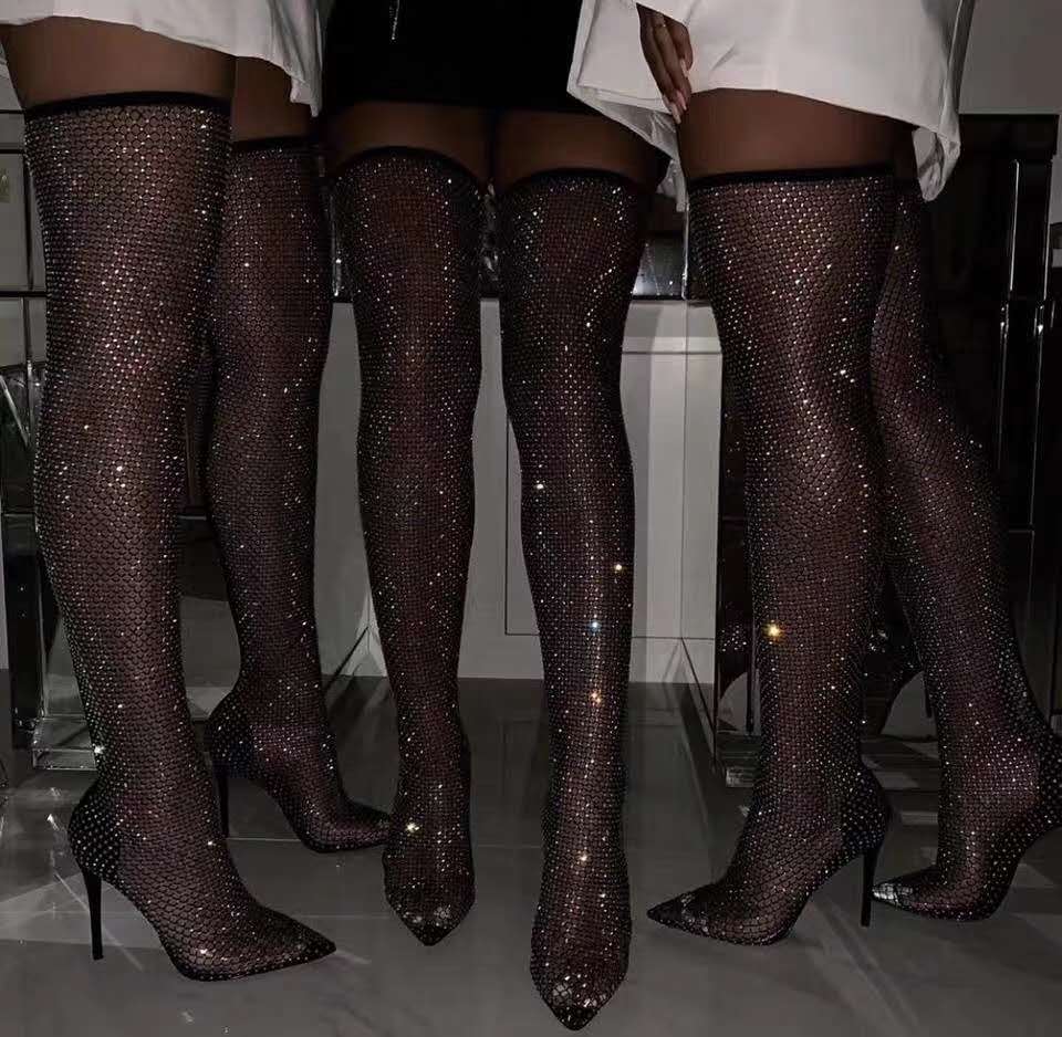 rhinestone thigh high heels