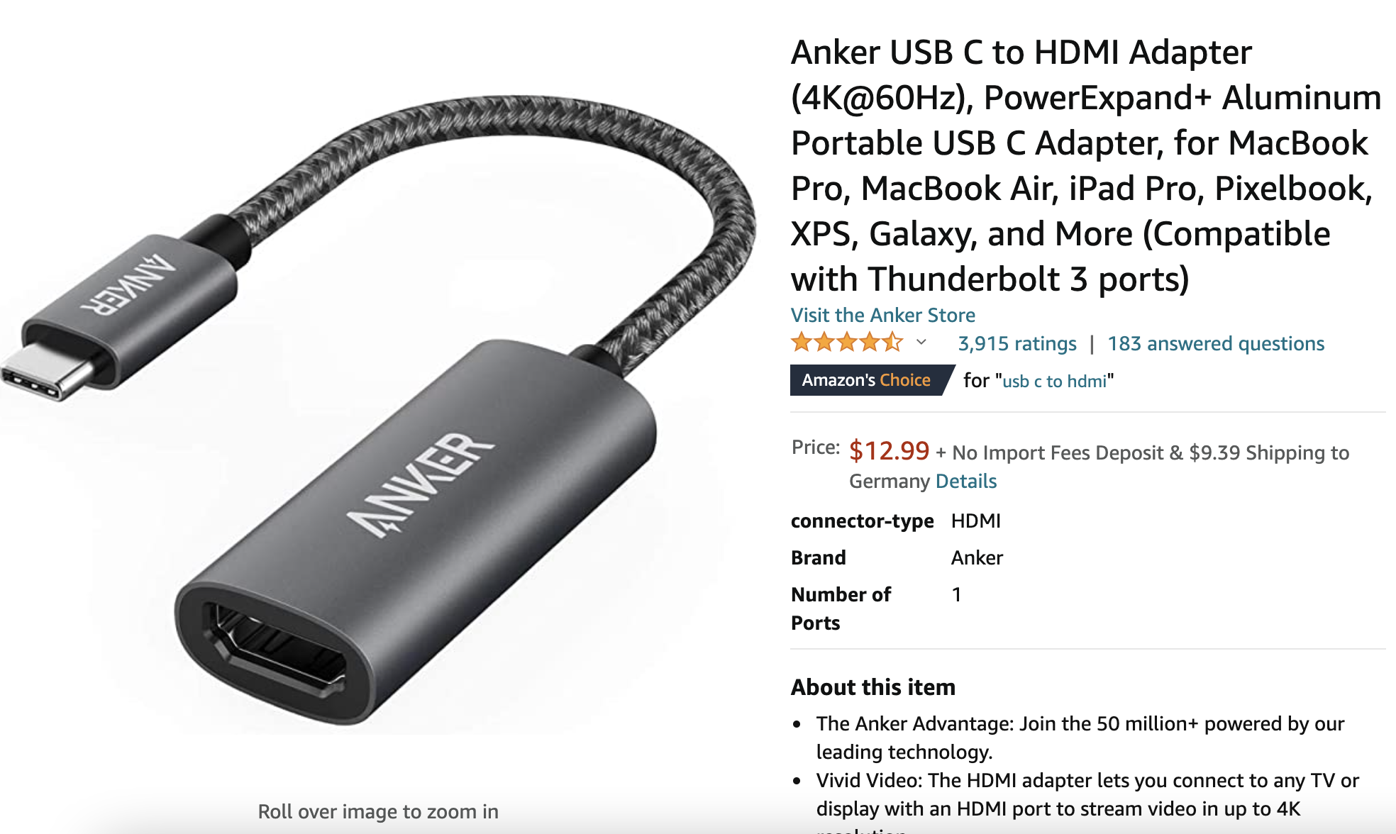 Anker USB C to HDMI Adapter (4K@60Hz)