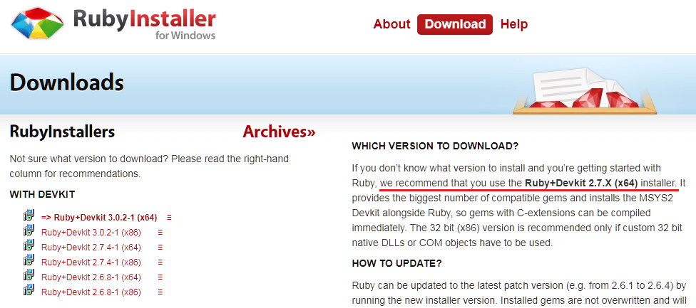 RubyInstaller Downloads 界面及推荐版本